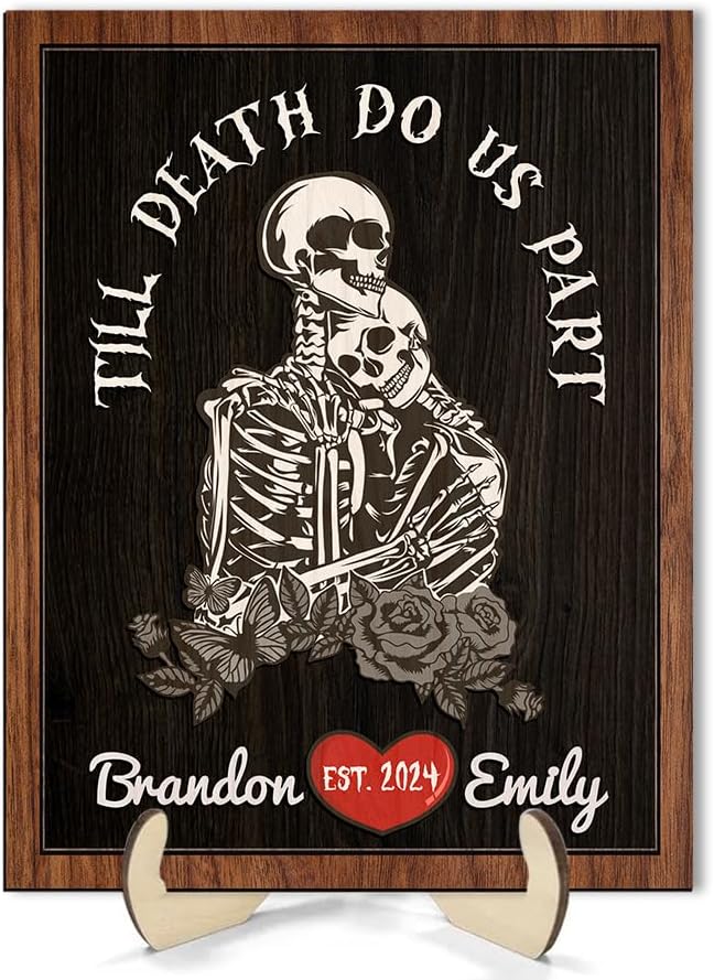 Personalized Couple Skeleton Wooden Sign, Ghost Couple Gift, Halloween Skeletons Wedding Frame Sign, Till Death Sign, Gothic Decor, Wood Sign Birthday Gifts for Boyfriend Girlfriend Bridal Party a6