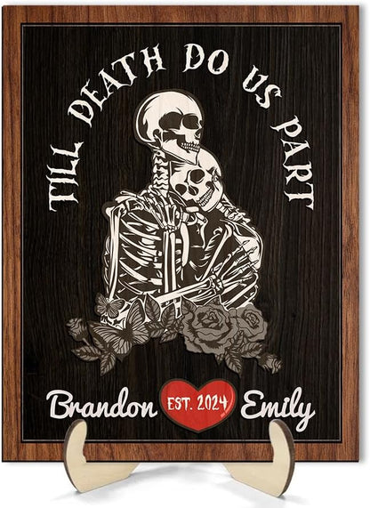 Personalized Couple Skeleton Wooden Sign, Ghost Couple Gift, Halloween Skeletons Wedding Frame Sign, Till Death Sign, Gothic Decor, Wood Sign Birthday Gifts for Boyfriend Girlfriend Bridal Party a6