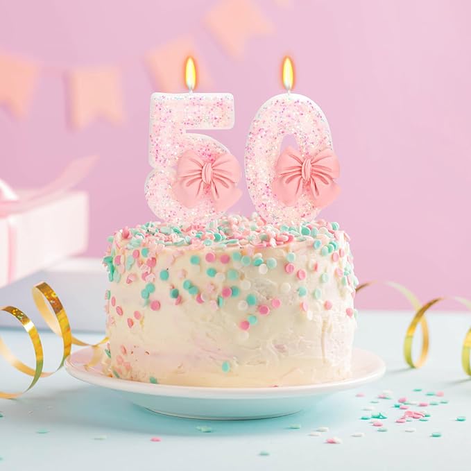 50th Birthday Candles for Cake, Pink Bow Number Cake Candles, 2.76 inch Number Happy Birthday Candle, Cake Topper Decoration for Birthday Party (Number 50)