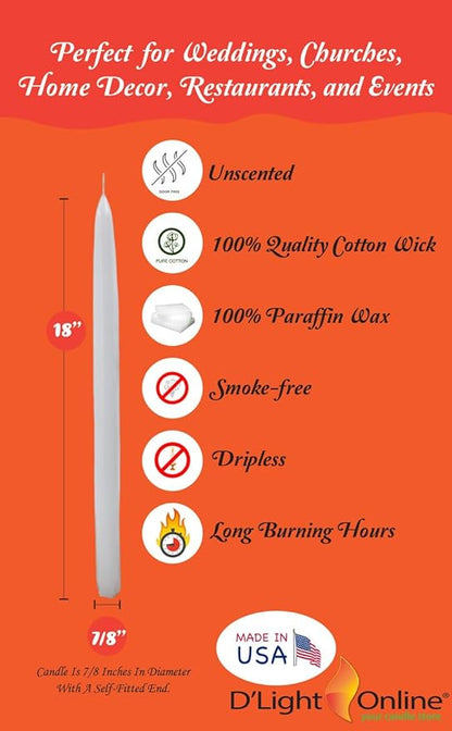 Elegant 18 Inch White Taper Candles, Very Tall Premium Quality Candles, Hand-Dipped, Dripless, Smokeless and Unwrapped Bulk Pack for Events - Set of 12 (18 Inches, White)