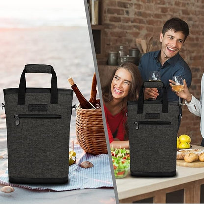 opux Two Bottle Wine Bag Carrier Tote, Insulated Leakproof 2 Bottle Wine Cooler Bag for Travel BYOB Picnic, Portable Wine Case, Gift for Men Women Wine Lover Birthday Party Christmas, Charcoal Gray