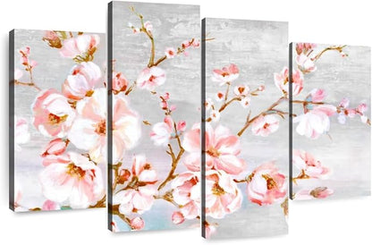 Elephant Stock Spring Cherry Blossoms Wall Art - Horizontal Canvas - 4-Piece Living Room Wall Decor - Painting Floral and Botanical Canvas Print - Pink and Brown Decor for Wall by Eva Watts - 52" X 32"