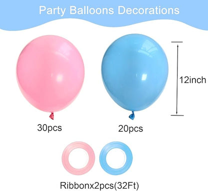 Pink and Blue Balloons, 50 Pcs 12 Inch Pink Blue Party Balloons With Pink Blue Latex Balloon Ribbon Pink blue Balloons for Birthday Baby Shower Gender Reveal Wedding Party Decoration