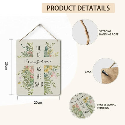 Mtrgdn Easter Religious Decoration He Is Risen As He Said Wood Wall Hanging Tags,Easter Cross Spring Decor Flower Wooden Hanging Plaque Sign,Wall Decor for Front Door Home,8×10 Inch
