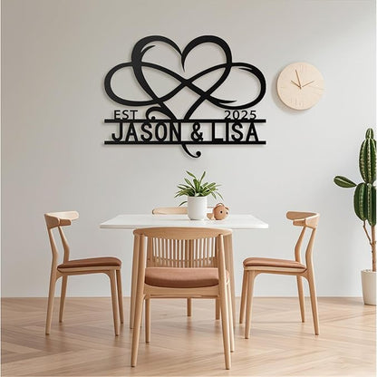 Custom Metal Infinity Heart Name Sign - Custom Sign Monogram with EST Date - Romantic Wedding, Anniversary, Engagement, Newlywed Gift - Rustic Metal Wall Art Decor, Bedroom, Home Decor