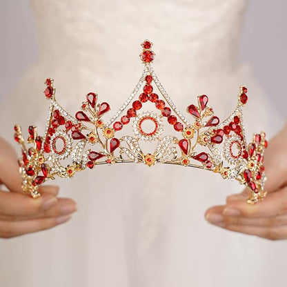 Wekicici Baroque Queen Crown Red Crystal Tiara Rhinestone Princess Wedding Headband for Women Birthday Pageant Party(Red)