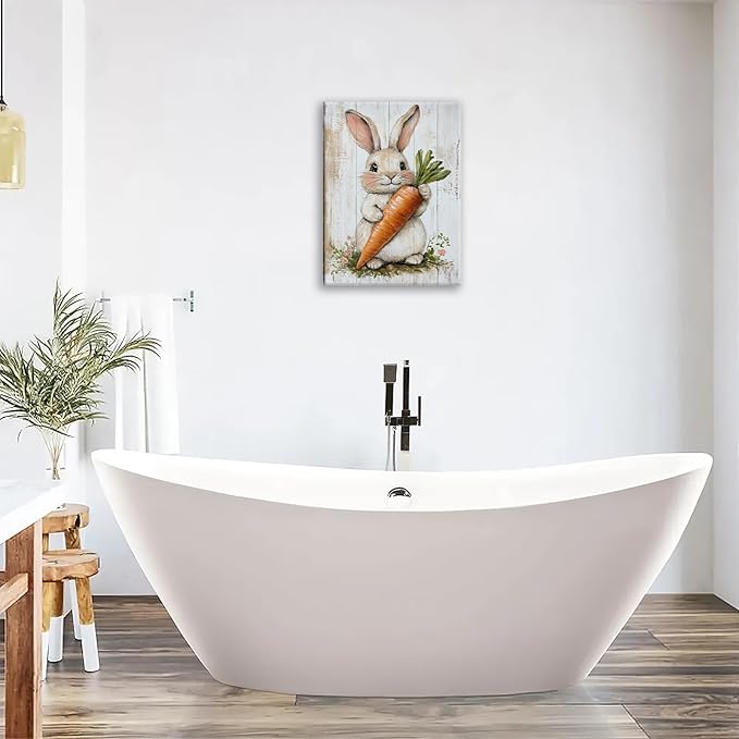 Rabbit Wall Art, Easter Bunny Pictures Wall Decor, Farmhouse Rabbit Carrot Canvas Prints, Rustic Cute Animal Painting Framed Artwork for Bathroom Living Room Bedroom Office Dining Room 20"X16"