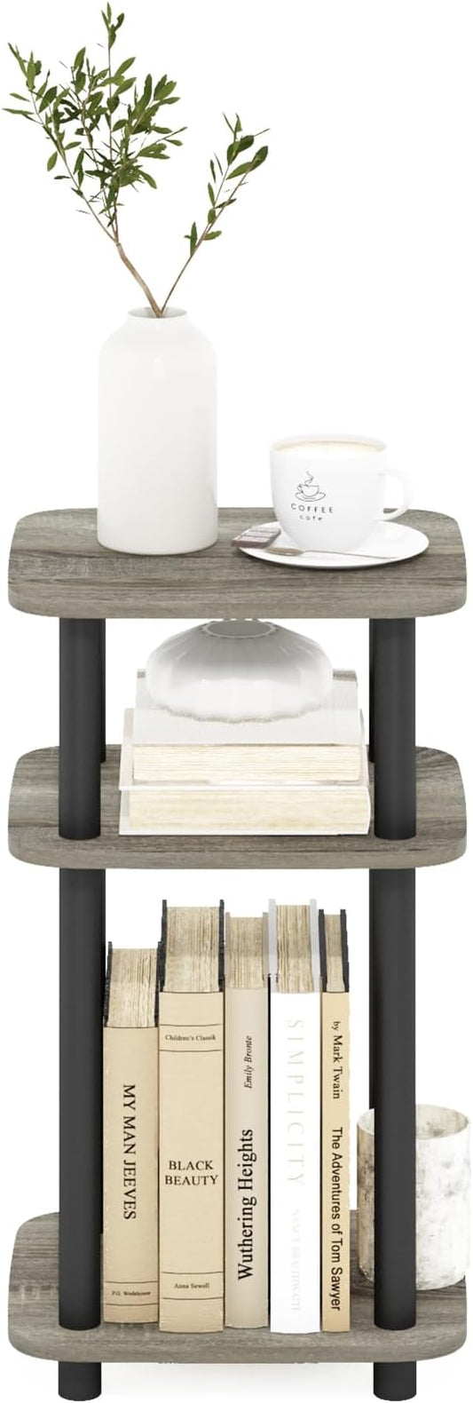 Furinno JUST Side Table, 3-Tier Turn-N-Tube End Table with Open Shelf, Round Curve Corner Night Stand, Bedside Table, Easy Assembly, for Living Room, Bedroom, French Oak
