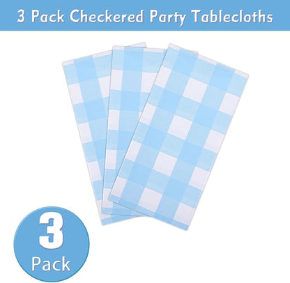 Kesfey 3 Packs Light Blue Gingham Tablecloth Pale Blue and White Checkered Tablecloths 54 x 108 Inches Disposable Plastic Gingham Tablecovers Waterproof Rectangle Picnic Table Cover for Birthday Party