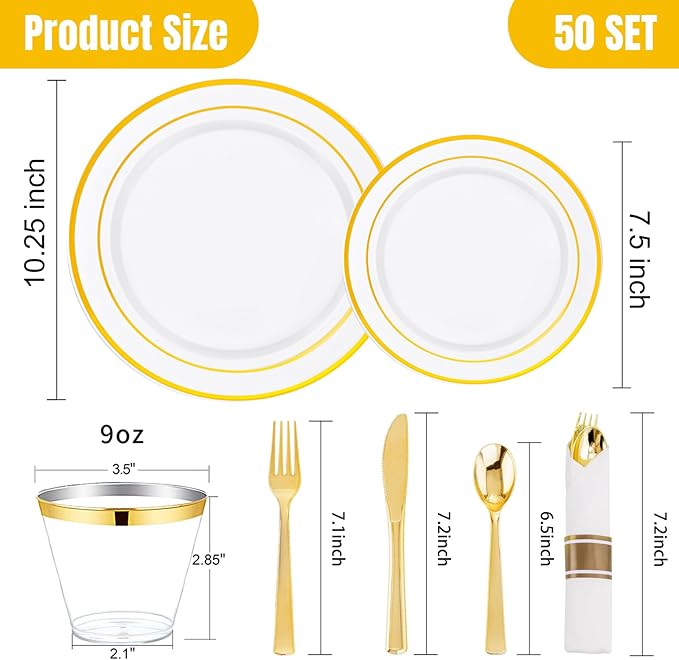 WELLIFE 350Pcs Gold Plastic Plates for 50 Guests - Plastic Dinnerware Set, Includes 100 Party Plates,150 Gold Silverware Disposable,50 Napkins,50 Cups,Disposable Plates for Party and Christmas