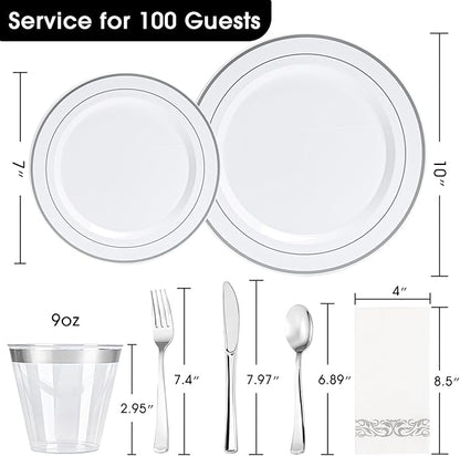 N9R 700PCS Silver Disposable Dinnerware Set for 100 Guests, White Plastic Plates with Silver Rim, Include 100 Dinner & Dessert Plates, Plastic Silverware Set, Cups, Napkins for Party and Wedding