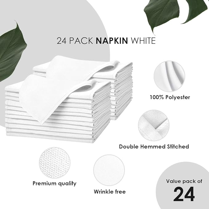 White Cloth Napkins Bulk (Pack of 24) - 100% Polyester Dinner Linen Napkins Cloth Washable & Reusable - Durable with Hemmed Edges - Ideal for Parties and Weddings (17x17 Inches)
