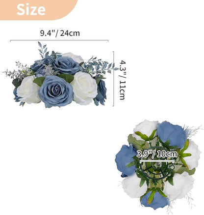 NUPTIO Flower Ball Centerpieces for Tables: Dusty Blue & White Artificial Rose Fake Floral Arrangement for Wedding Party Centerpiece Decorations 9.4 Inch Diameter 2 Pcs