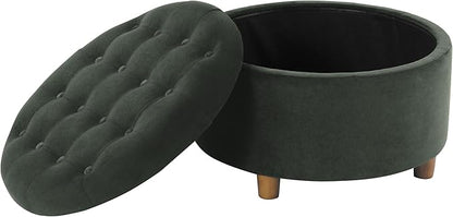 HomePop Home Decor | Large Button Tufted Velvet Round Storage Ottoman | Ottoman with Storage for Living Room & Bedroom, Loden Green Velvet, 28"