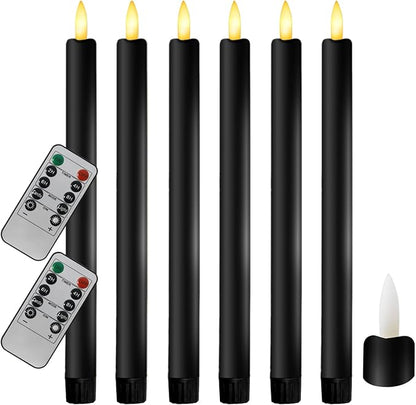6PCS Flameless Taper Candles with 3D Flickering Flame Battery Operated Candles with 2 Remote with Button Cell Battery 10 Inch Black LED Candlesticks Window Candle for Christmas Home Decor