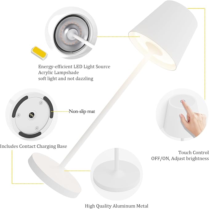 Ralaby IP54 Cordless Table Lamps Portable Rechargeable Battery Operated Lamp, Modern Aluminum Dimmable Indoor/Outdoor Cordless Desk Lamp for/Restaurant/Bar/Cafe/Bedroom (2 Pack,White,4800mAh)