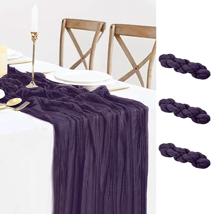 3 Pack 10FT Dark Purple Cheesecloth Table Runner 35x120 Inch Boho Gauze Table Runner Rustic Cheese Cloth Long Romantic Table Runners for Wedding Bridal Shower Birthday Party Table Decor (Grape)