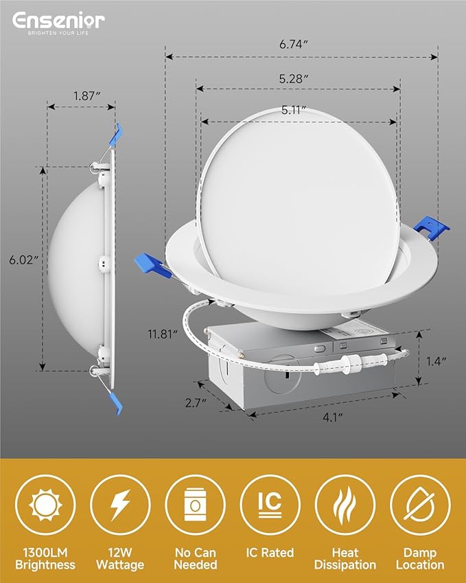 Ensenior 4 Pack 6 inch 5CCT LED Eyeball Recessed Lighting, 360°+90° Rotatable, Dimmable Gimbal Recessed Lights, Canless Angled Adjustable Ceiling Downlight, 1300LM, 12W=115W, 120V - ETL&FCC