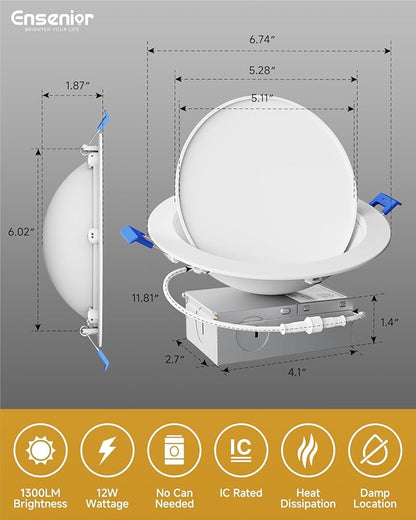 Ensenior 4 Pack 6 inch 5CCT LED Eyeball Recessed Lighting, 360°+90° Rotatable, Dimmable Gimbal Recessed Lights, Canless Angled Adjustable Ceiling Downlight, 1300LM, 12W=115W, 120V - ETL&FCC