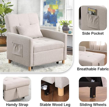 Convertible Sleeper Chair,Pull-Out Sofa Bed with Adjustable Backrest, Multi-Functional Lounge Chair for Living Room, Space-Saving Modern Accent Furniture (Beige)