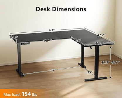 Casaottima 63 Inch Reversible L Shaped Electric Standing Desk, Ergonomic Height Adjustable Desk, Large Lift Corner Stand up Table for Workstation, Home Office, Reception Room, Black