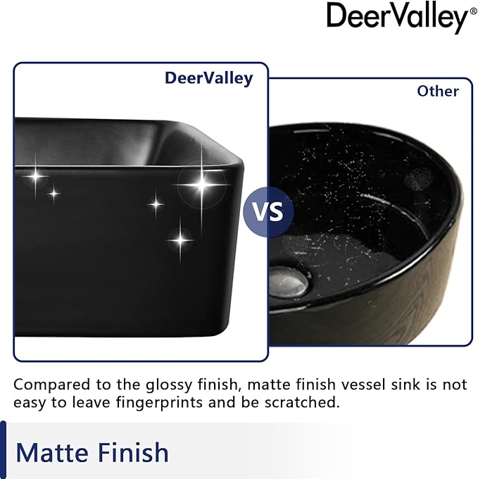 DeerValley Ally 19x15 Inch Matte Black Rectangular Vessel Sink, Above Counter Ceramic Bathroom Basin, DV-2V031
