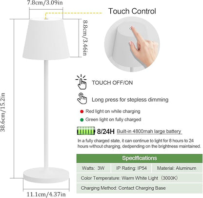 Ralaby IP54 Cordless Table Lamps Portable Rechargeable Battery Operated Lamp, Modern Aluminum Dimmable Indoor/Outdoor Cordless Desk Lamp for/Restaurant/Bar/Cafe/Bedroom (2 Pack,White,4800mAh)