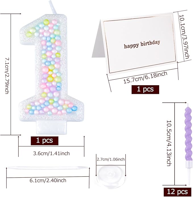 Number Birthday Candle with 12PCS Spiral Candles and A Birthday Card - Perfect for Celebrating Birthdays (Macaron Glitter, Number 1)