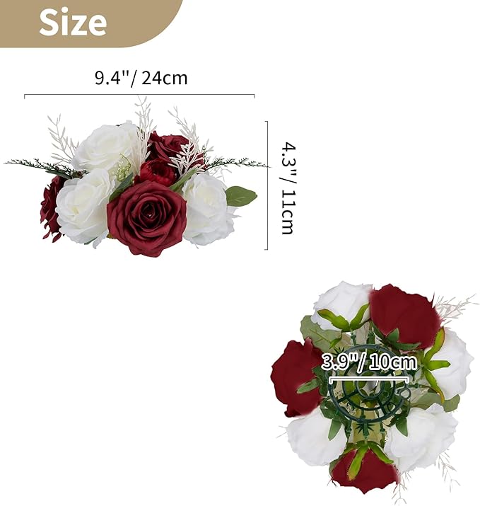 NUPTIO Flower Ball Centerpieces for Tables: 10 Pcs Crimson & White Artificial Rose Fake Floral Arrangement for Wedding Party Centerpiece Decorations 9.4 Inch Diameter