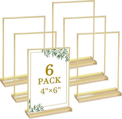 Floroom 6 Pack 4x6 Inch Clear Acrylic Sign Holders, Double-Sided Gold Display Stand Picture Frames for Table Numbers, Menus, Flyers, Weddings, and Offices