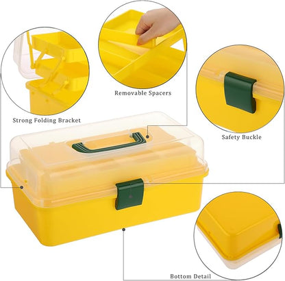 BTSKY 3-Layer Plastic Dividing Storage Box Craft Organizer with Adjustable Spacers Portable Handled Art Supply Organizer Multipurpose Home Utility Box for Sewing (Yellow+Green)