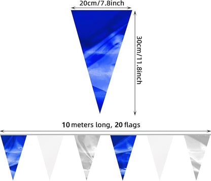 130FT Navy Blue White Silver Glitter Triangle Pennant Banner Flag Metallic Bunting Fabric Garland for Christmas Graduation Wedding Bridal Shower Nautical Ahoy Achor Theme Party Decorations Decor