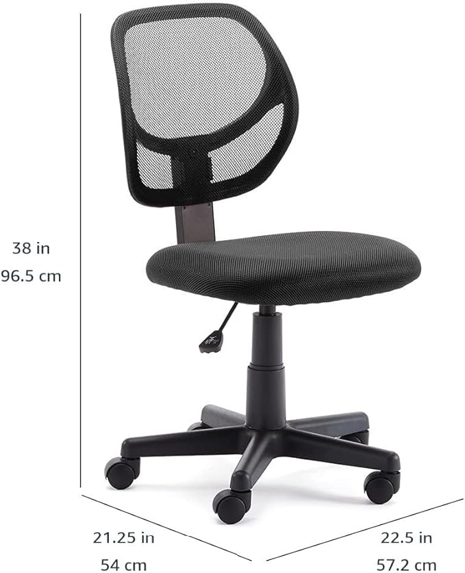 Amazon Basics Low Back Office Chair, Breathable Mesh, Height Adjustable, Padded Seat, Rolling Wheels, Swivel, Back Support, Sturdy, 21.25" D x 22.5" W x 38" H, Black