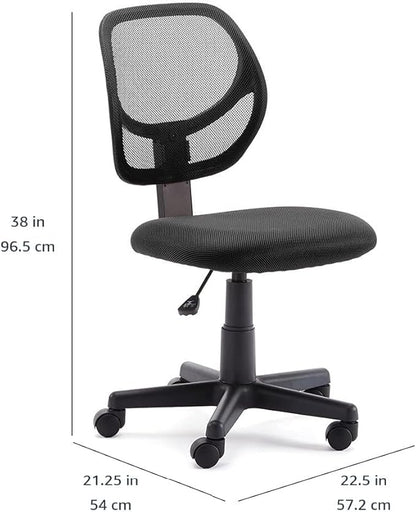 Amazon Basics Low Back Office Chair, Breathable Mesh, Height Adjustable, Padded Seat, Rolling Wheels, Swivel, Back Support, Sturdy, 21.25" D x 22.5" W x 38" H, Black