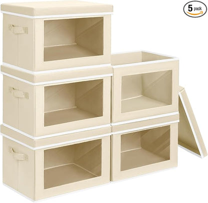 Storage Cubes with Lids - 5 Pack Foldable Clear Window Storage Bins, Large Decorative Storage Bins with Handles, Storage Containers for Clothes, Towel, Blanket, Sheet, Beige