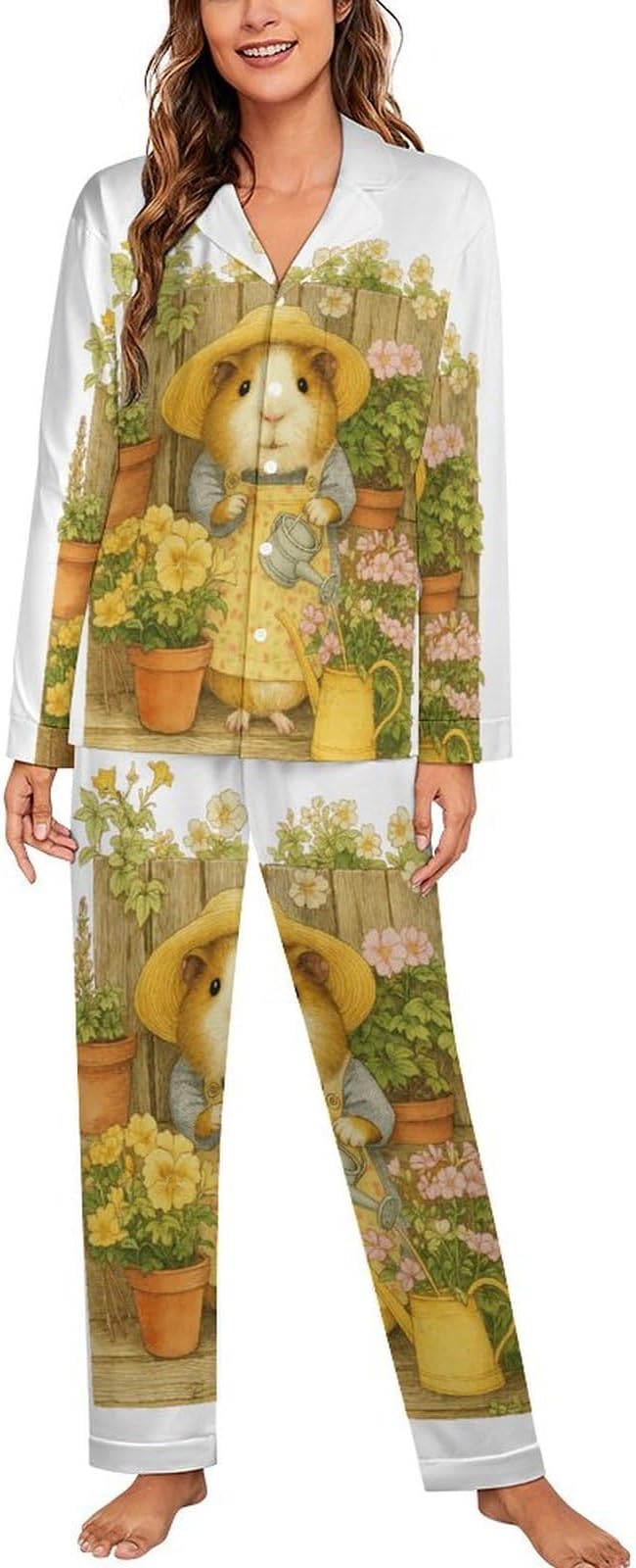 Lemons Leaves Ceramic Style Womens Pajama Set Long Sleeve Pajamas Top And Pants Soft Loungewear Pjs Sets