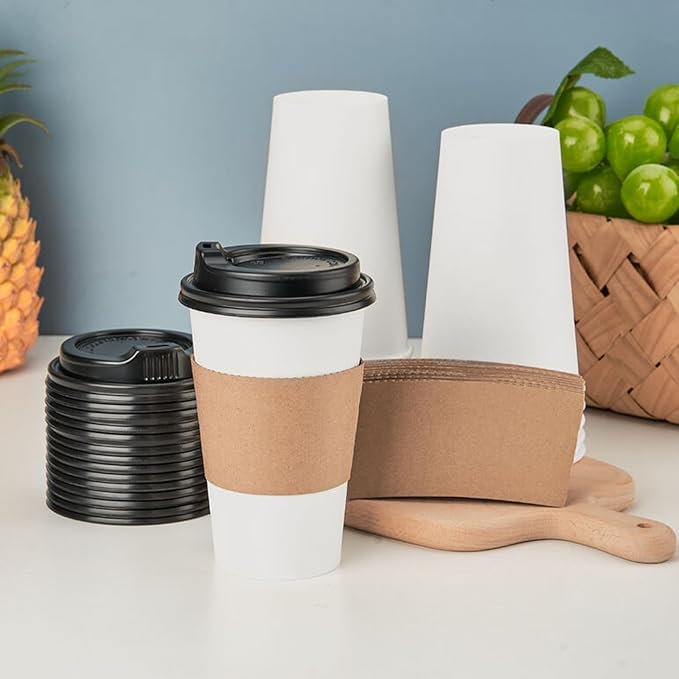 RACETOP 16 oz [100 pack] Coffee Cups with Lids and Kraft Sleeves, Disposable Paper Coffee Cups, Hot Coffee cups, Ideal for Hot Beverage