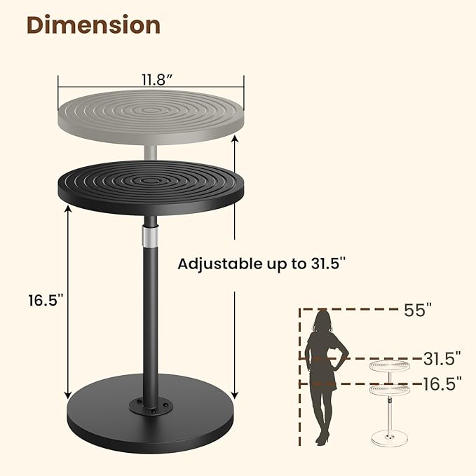 Round Side Table Set of 2, Adjustable-Height Small Drink Table, Pedestal Martini Stand, Weighted Base Cocktail Table Accent Nightstand for Living Room, Bedroom, Bathroom, Office, Black