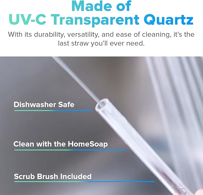 PhoneSoap Last Straw 12" Long Reusable Drinking Straws for Cold & Hot Drinks - Clear Quartz, Dishwasher Safe, Easy to Clean - 5 Pack With Cleaning Brush