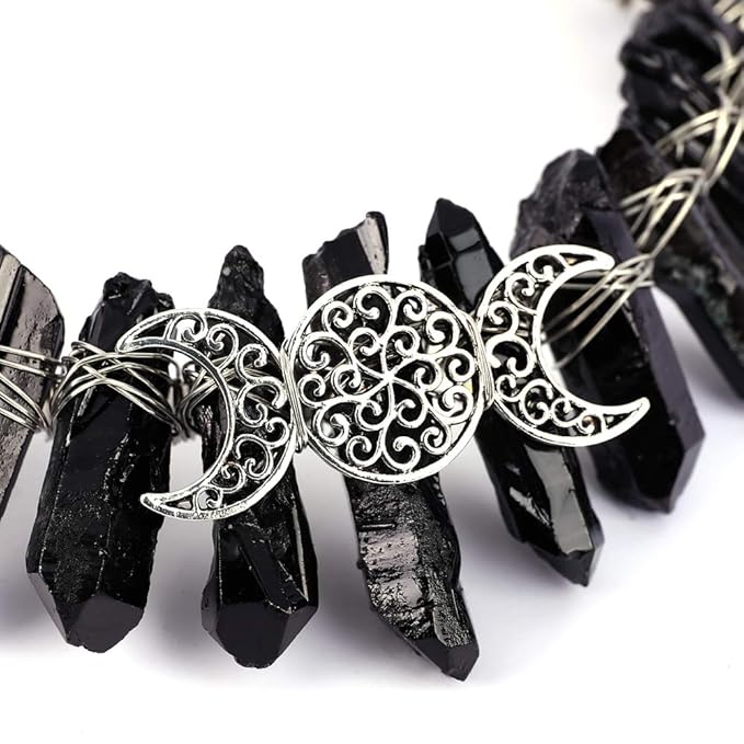 Raw Crystal Obsidian Tiara Headbands,Black Quartz Moon Goddess Crown Headpiece Costume Party Headwear for Women Girls