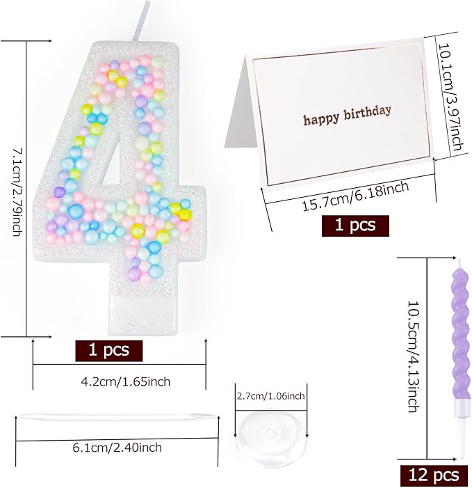 Number Birthday Candle with 12PCS Spiral Candles and A Birthday Card - Perfect for Celebrating Birthdays (Macaron Glitter, Number 4)