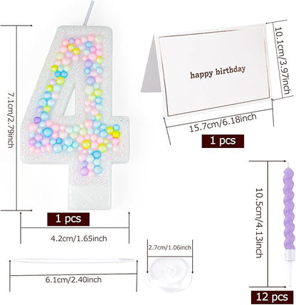 Number Birthday Candle with 12PCS Spiral Candles and A Birthday Card - Perfect for Celebrating Birthdays (Macaron Glitter, Number 4)