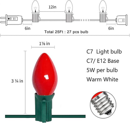 C7 Red Christmas Lights Outdoor, 25Ft C7 Incandescent Christmas Decorations String Lights With 27 Red Ceramic Bulbs, Vintage Christmas Lights for Outdoor Roofline Patio Party Xmas Tree Valentines