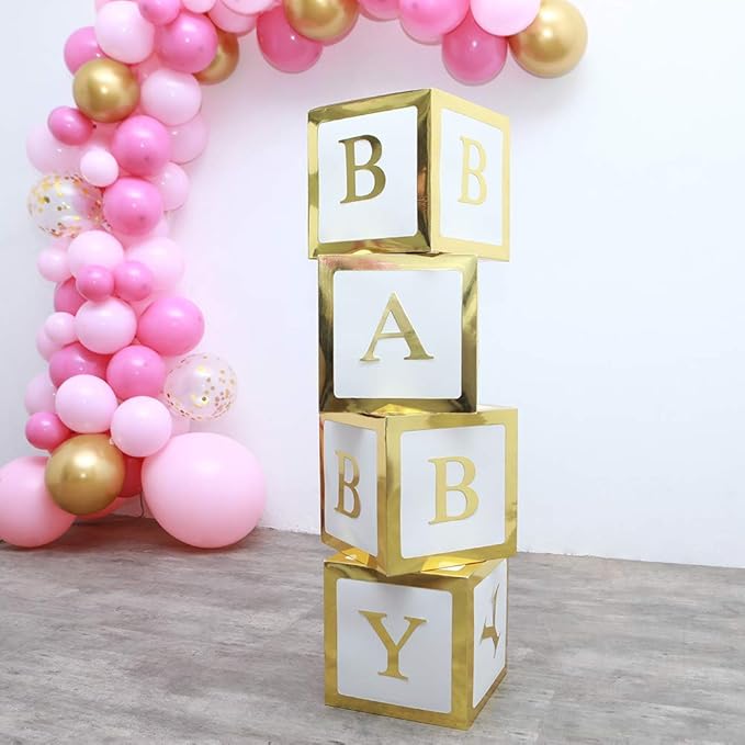 Baby Shower Boxes with Letters – Gold Boxes with Gold & White Balloons – 44-Piece Gender Reveal & Party Decoration Set by Vellax