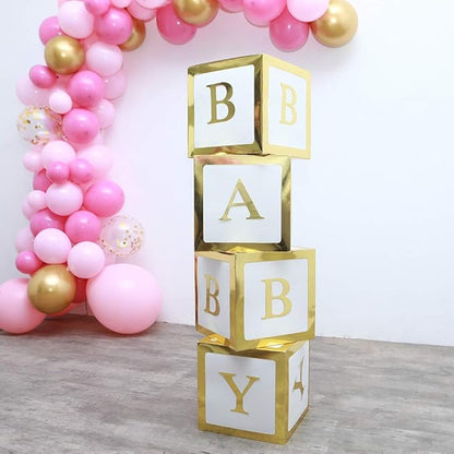 Baby Shower Boxes with Letters – Gold Boxes with Gold & White Balloons – 44-Piece Gender Reveal & Party Decoration Set by Vellax