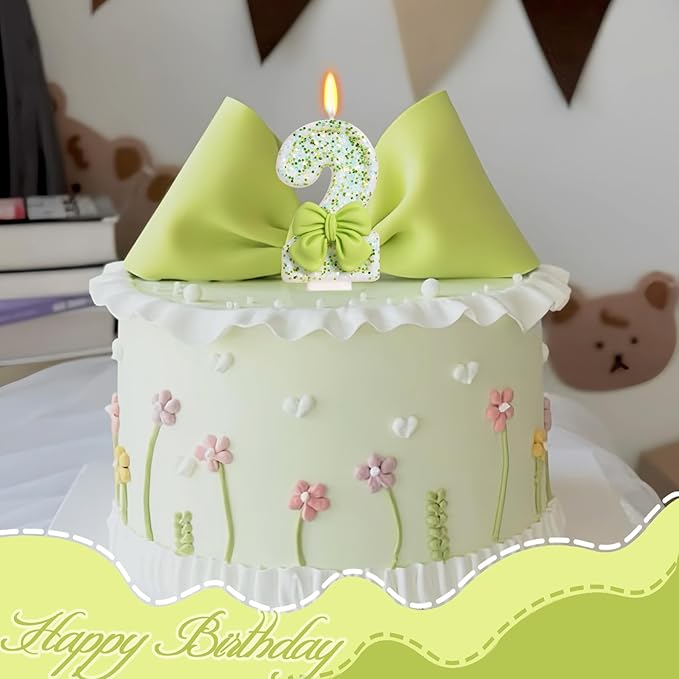 Birthday Candle for Cake, Green Bow Number Cake Candles, 2.76 inch Cake Topper Decoration for Birthday Party (Number 2)