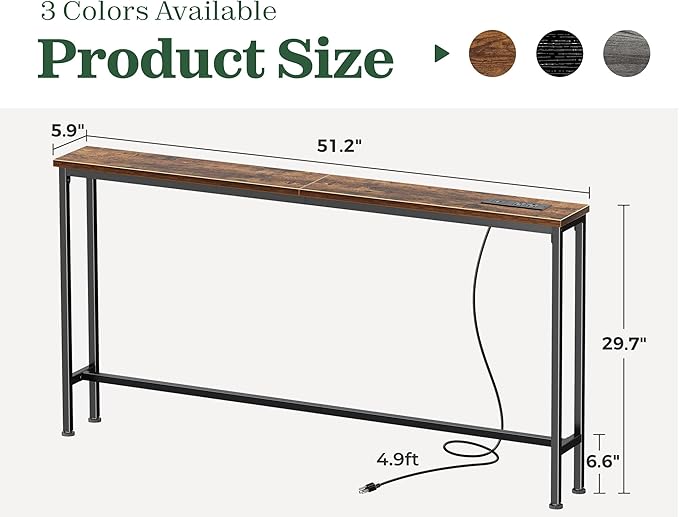 SUPERJARE 51.2 Inch Sofa Table with Power Outlet and USB-C Port, 5.9 Inch Narrow Console Table, Entryway Hallway Couch Table with Storage, Behind Sofa, Small Spaces, Living Room, Rustic Brown
