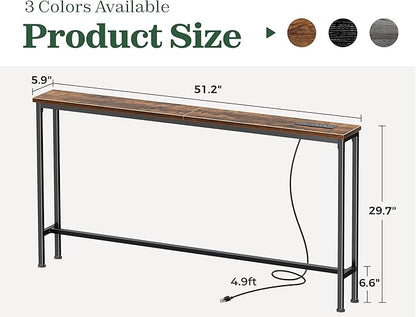 SUPERJARE 51.2 Inch Sofa Table with Power Outlet and USB-C Port, 5.9 Inch Narrow Console Table, Entryway Hallway Couch Table with Storage, Behind Sofa, Small Spaces, Living Room, Rustic Brown