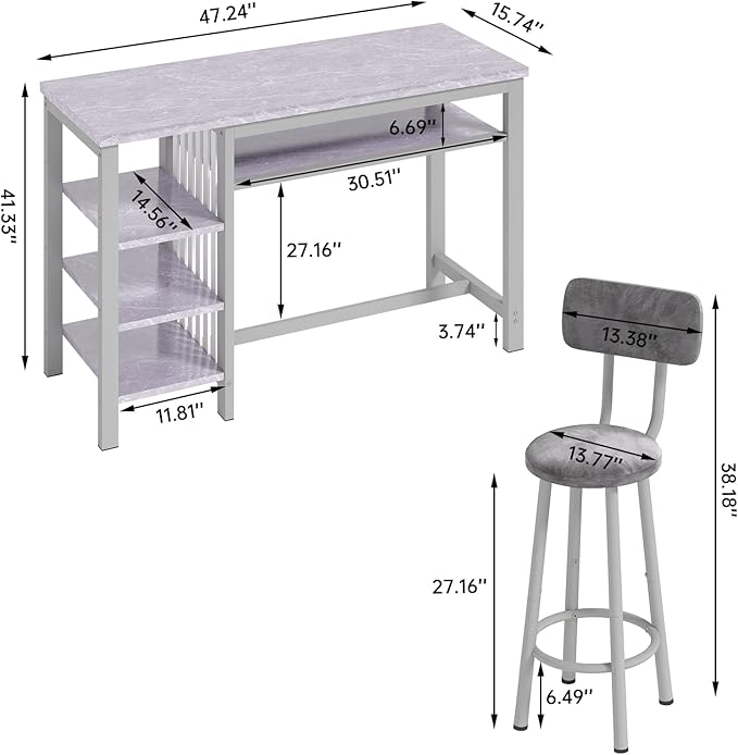 AWQM 3-Piece Bar Table and Chairs Set, Modern Glay Table with 2 PU Cushion Bar Stools, Kitchen Counter with 3 Tier Storage Shelves, Space Saving Table for Home & Kitchen, Black Frame