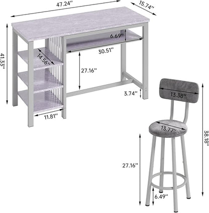 AWQM 3-Piece Bar Table and Chairs Set, Modern Glay Table with 2 PU Cushion Bar Stools, Kitchen Counter with 3 Tier Storage Shelves, Space Saving Table for Home & Kitchen, Black Frame